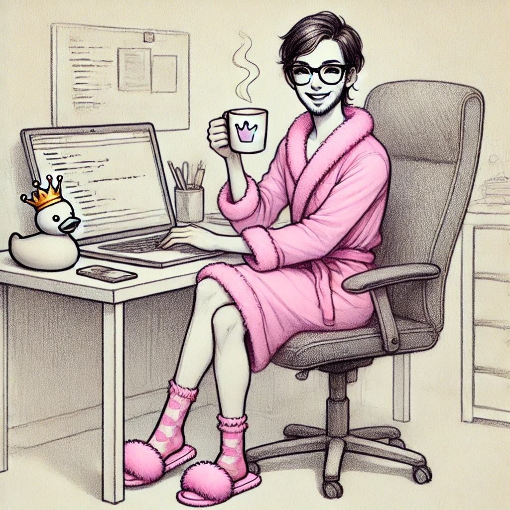 A software developer in a pink robe and slippers